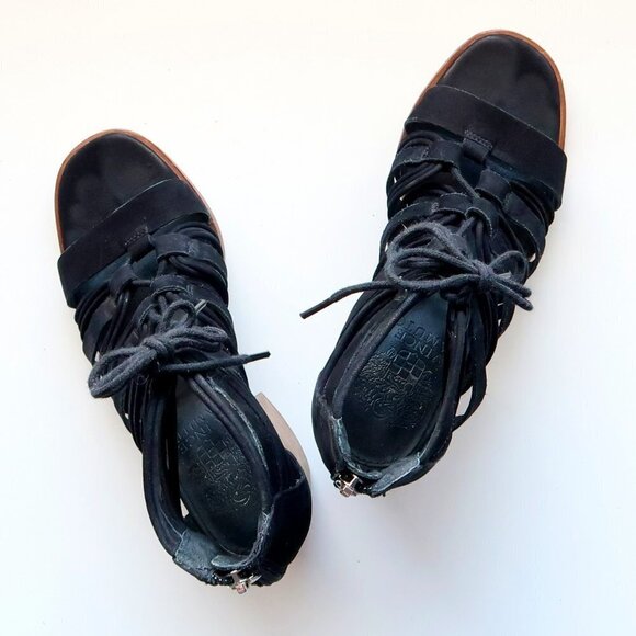 Vince Camuto Black Suede Leather Strappy Cutout Block Heel Sandals Bootie Shoes - Picture 12 of 15